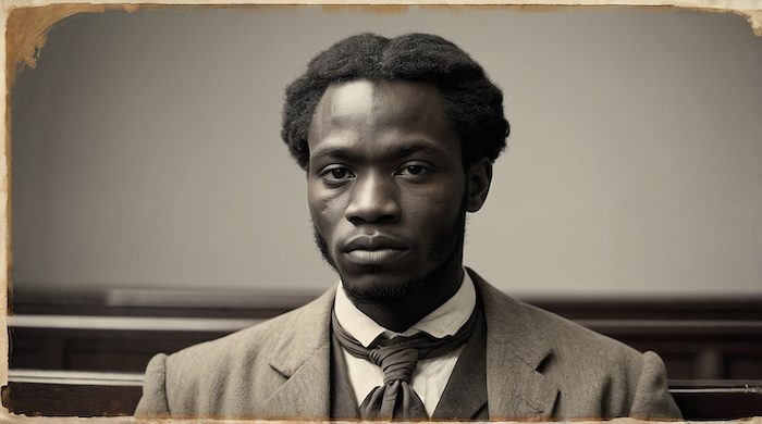 AI-generated portrait of an African American man in a courtroom-style setting, created by David Anthony Taylor for Black Pearls of Genealogy, representing FamilySearch full-text search of historical records.