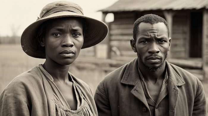 AI-generated portrait of African American homestead couple, post-Civil War farming family, Reconstruction-era settlers, Black landownership history, Black Pearls of Genealogy.