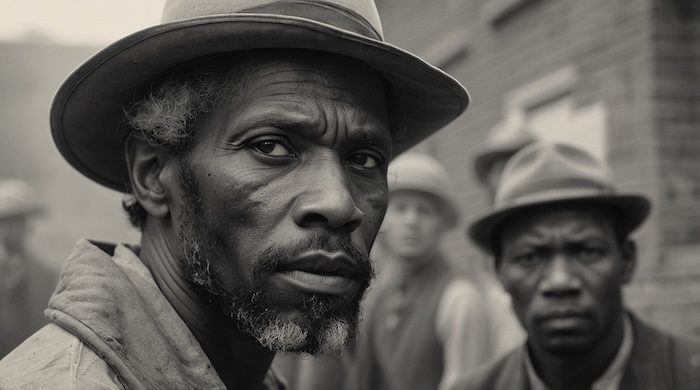 AI-generated portrait created by David Anthony Taylor for Black Pearls of Genealogy, depicting African American men symbolizing the violence, resistance, and injustices recorded in Freedmen’s Bureau Murders and Outrages reports.