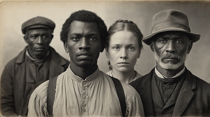 AI image of African American freedmen, freedwomen, and a white woman during Compensated Emancipation, 19th-century Black history, Civil War emancipation, interracial community, freedom and Reconstruction.