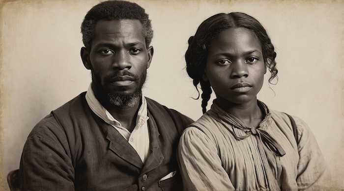 AI-generated portrait of an African American man and young woman symbolizing the resilience and leadership represented by the Assistant Commissioners of the Freedmen’s Bureau, created by David Anthony Taylor for Black Pearls of Genealogy. SEO Keywords: Assistant Commissioners Freedmen’s Bureau, African American genealogy, Reconstruction records, Freedmen’s Bureau leaders, post-Civil War history, Black Pearls of Genealogy, Freedmen’s Bureau archives, genealogy resources, Bureau field offices, African American history preservation, Freedmen’s Bureau research tools.