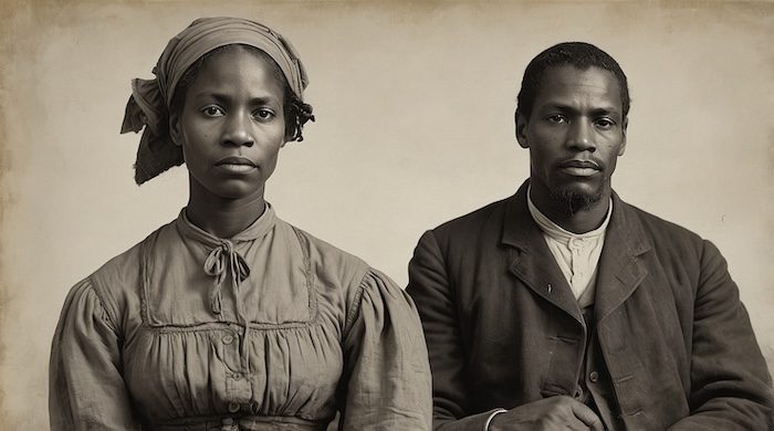 "19th-century style portrait of African American Freedmen couple, symbolizing Dawes Roll and Native American enrollment records."