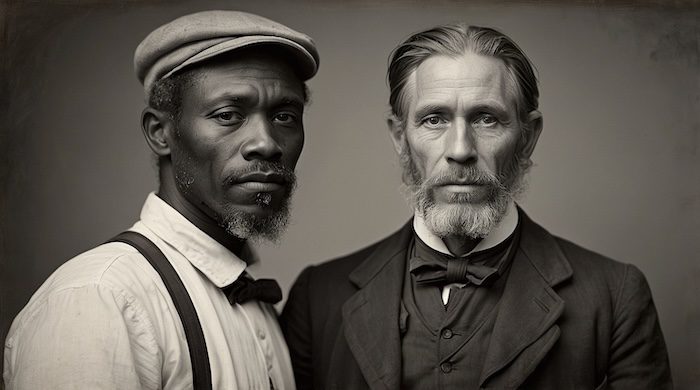 AI-generated historical portrait of an African American man and a Jesuit priest, Jesuit enslaved people, Catholic Church slavery, Georgetown 1838 sale, Black genealogy research.