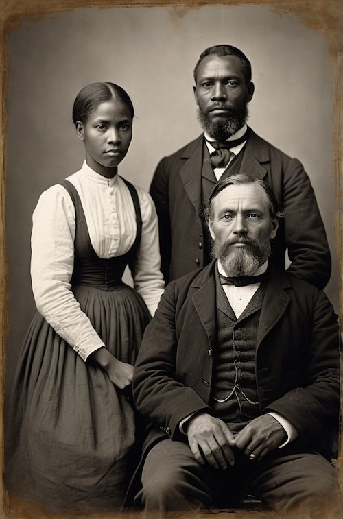 AI-generated group portrait of African American man, woman, and white man, created by David Anthony Taylor for Black Pearls of Genealogy, representing diverse family heritage for the WikiTree US Black Heritage Project.