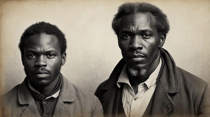 Black-and-white portrait of two African American men in Reconstruction-era clothing, representing depositors of the Freedman’s Savings and Trust Company. Rich Keywords Freedman’s Bank, Freedman’s Savings and Trust Company, African American genealogy, Reconstruction history, freedpeople depositors, U.S. Colored Troops veterans, Black financial history, generational wealth, Black Pearls of Genealogy, AI historical portrait, David Anthony Taylor.