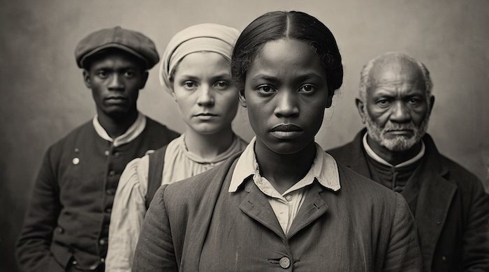 Group portrait of three African American individuals and one white woman, symbolizing the diverse communities connected to the Freedman’s Bank during Reconstruction. Rich Keywords Freedman’s Bank, Freedman’s Savings and Trust Company, Reconstruction era, African American genealogy, freedpeople, Black depositors, Black financial history, interracial communities Reconstruction, Black Pearls of Genealogy, AI historical portrait, David Anthony Taylor.
