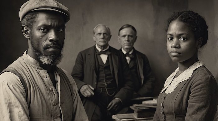 AI-generated historical scene of enslaved African American man and woman with white county officials, Adams County Mississippi slave certificates, genealogy records of enslaved laborers.