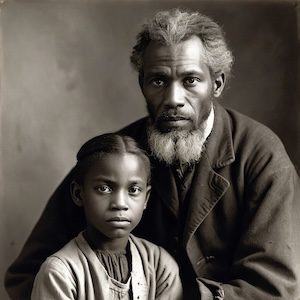AI-generated portrait of an African American man and child, created by David Anthony Taylor for Black Pearls of Genealogy, symbolizing African American family history and genealogy research on FamilySearch Wiki.