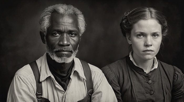 AI generated image of elderly African American man and young white woman, slave-era insurance policies, enslavement history, Black Pearls of Genealogy, Civil War era, 19th-century racial legacy.