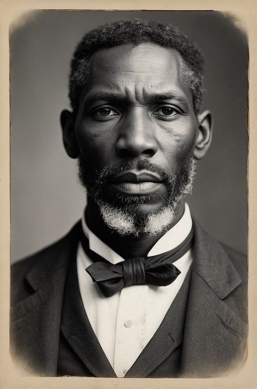 AI-generated portrait of an African American man in a bowtie, created by David Anthony Taylor for Black Pearls of Genealogy, representing leadership and resilience in the WikiTree US Black Heritage Project.