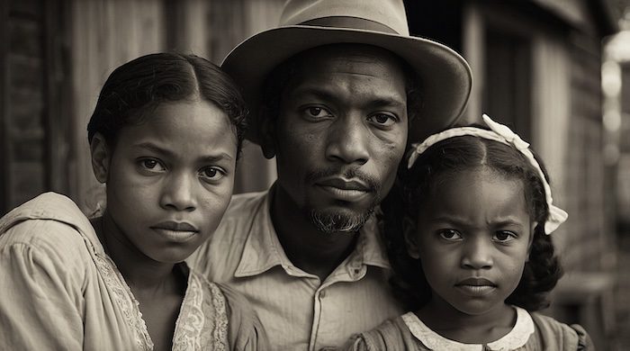 AI-generated portrait of an African American father with two daughters, created by David Anthony Taylor for Black Pearls of Genealogy, representing family heritage and ancestry for WikiTree profile pages.