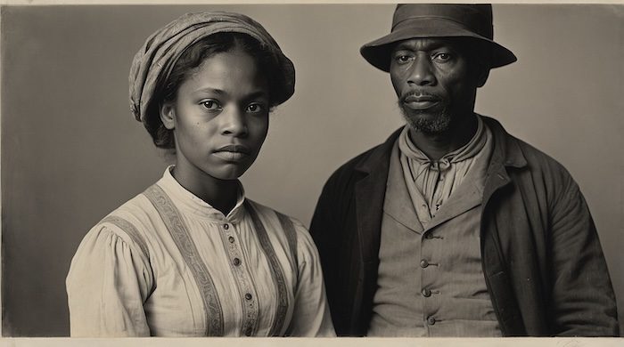 AI-generated image of African American woman and man, Emancipation Petitions, freedpeople portraits, Reconstruction era imagery, African American history visuals, Civil War era emancipation records, historical genealogy resources.