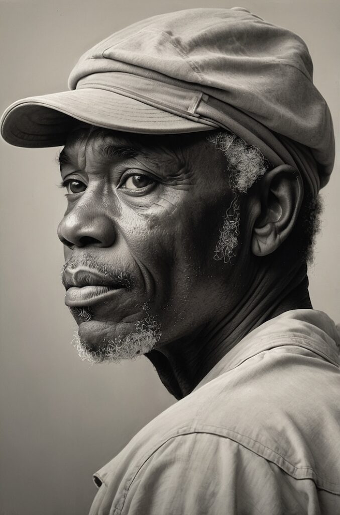 AI-generated portrait of an older African American man in a cap, created by David Anthony Taylor for Black Pearls of Genealogy, symbolizing Caribbean ancestry and genealogical research records on FamilySearch Wiki.