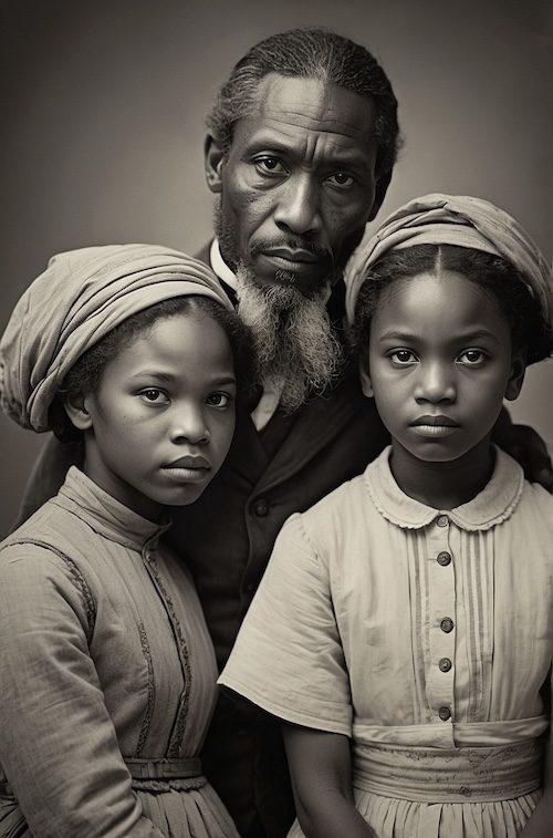 AI-generated portrait of an African American elder with two young girls, created by David Anthony Taylor for Black Pearls of Genealogy, symbolizing generational ancestry for WikiTree profiles.
