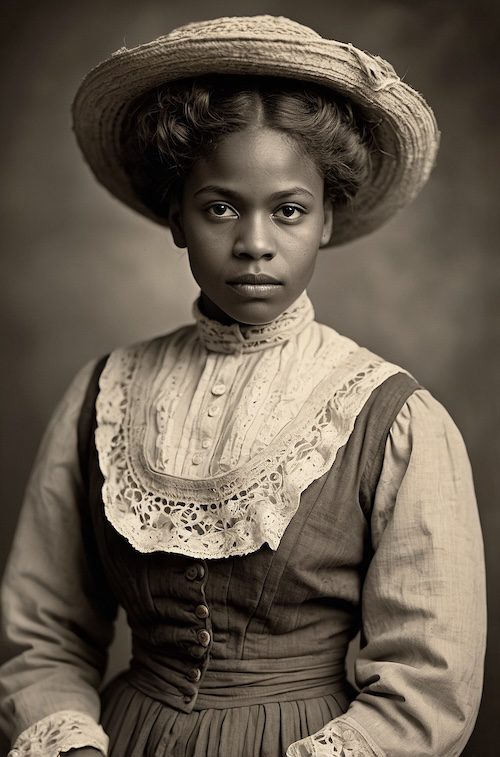 AI portrait of African American widow in lace blouse and straw hat, AI portrait African American widow, Civil War pensions, U.S. Colored Troops widows, Reconstruction women, Black Pearls of Genealogy.