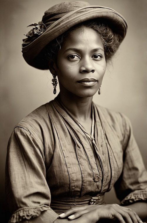 AI-generated portrait of an African American widow in wide-brimmed hat, Civil War pensions, U.S. Colored Troops widows, Reconstruction history, African American widow AI portrait, Black Pearls of Genealogy.