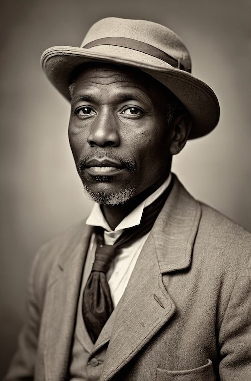 AI-generated portrait of an African American man in a suit and hat, created by David Anthony Taylor for Black Pearls of Genealogy, symbolizing ancestry and identity for WikiTree profiles.