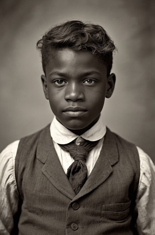 AI-generated portrait of an African American boy in a vest, created by David Anthony Taylor for Black Pearls of Genealogy, representing youth and ancestry in WikiTree profiles.