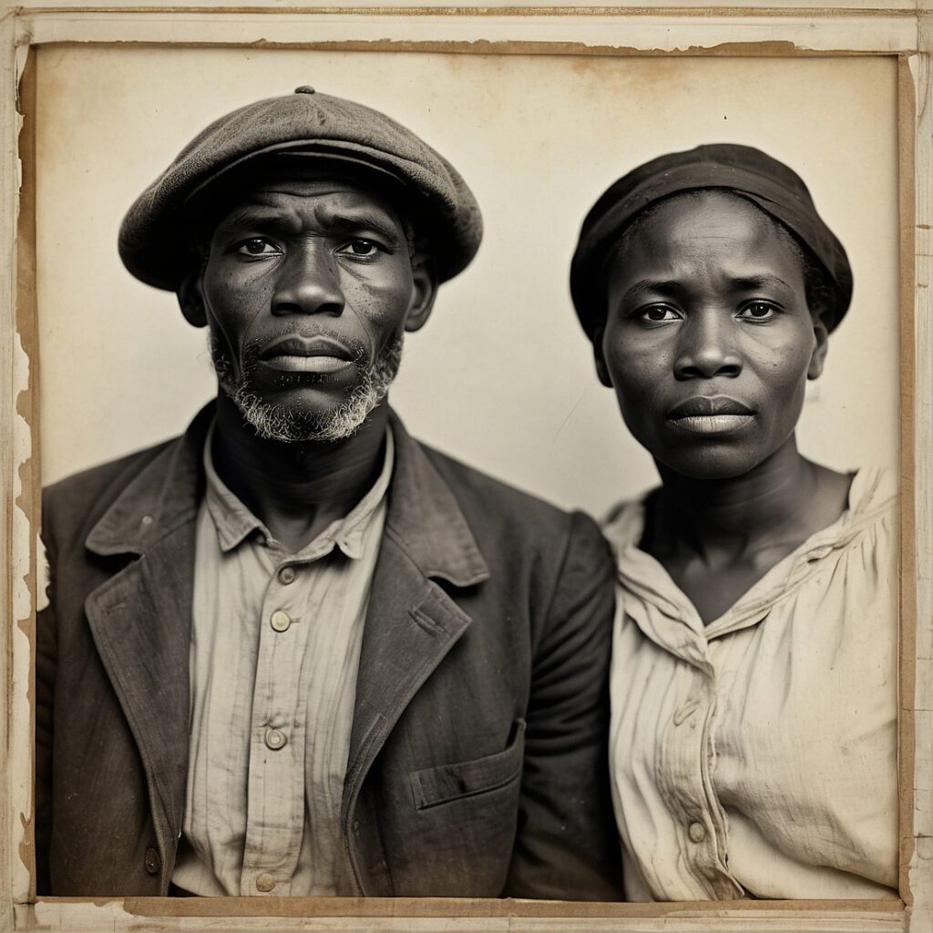 Black-and-white portrait of an African American couple in simple work clothes, symbolizing freedpeople who deposited in the Freedman’s Savings and Trust Company. Rich Keywords Freedman’s Bank, Freedman’s Savings and Trust Company, African American genealogy, Reconstruction history, Black family history, freedpeople depositors, Black financial history, generational wealth, Black Pearls of Genealogy, AI historical portrait, David Anthony Taylor.
