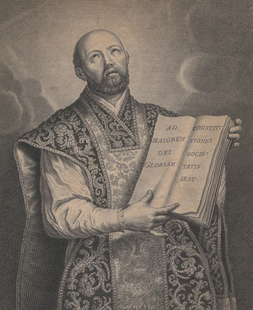 Engraving of Saint Ignatius of Loyola, founder of the Jesuit order, Jesuit history, Catholic Church and slavery, Jesuit influence in America.