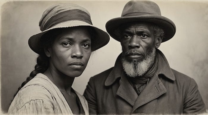 AI-generated portrait of African American man and woman, symbolizing resilience and history, created by David Anthony Taylor for Black Pearls of Genealogy Freedmen’s Bureau page. Keyword-Rich Phrases Freedmen’s Bureau records banner image African American genealogy research Reconstruction history visual representation Black Pearls of Genealogy AI art David Anthony Taylor AI historical portraits Freedmen’s Bureau educational resources African American family history archives USCT genealogy and Freedmen’s Bureau Civil War and Reconstruction genealogy tools AI portraits for African American history