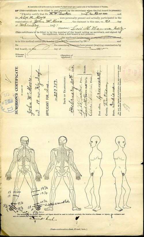Civil War pension surgeon’s certificate documenting the medical examination of a veteran, with handwritten notes and anatomical diagrams. Civil War pension file, surgeon’s certificate, Union Army medical records, United States Colored Troops pensions, archival military records, genealogy research, veteran disability records, Reconstruction era pensions, Civil War medical history, pension examination documents.