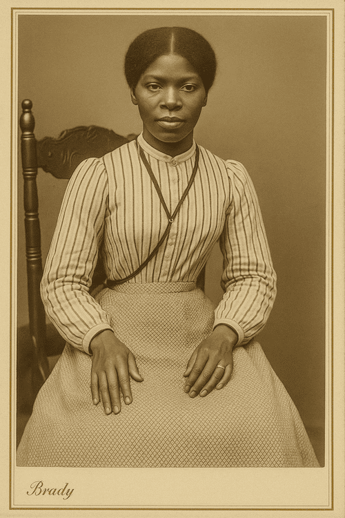 AI-generated portrait of African American widow in striped dress, AI widow portrait, Civil War pensions, African American widows, Reconstruction pensions, Black Pearls of Genealogy.