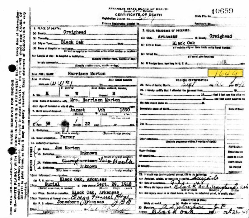 Historical death certificate with highlighted ICD codes for African American genealogy research and vital records analysis