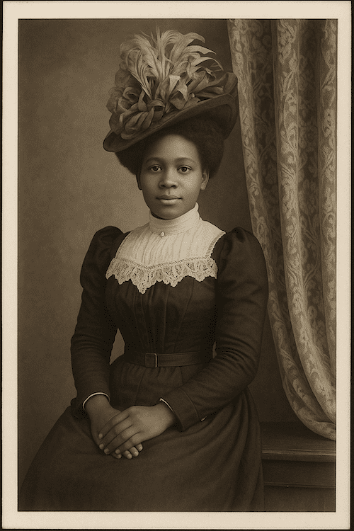 AI-generated portrait of African American widow in feathered hat, AI Civil War widow portrait, African American widow history, U.S. Colored Troops widows, pension records, Black Pearls of Genealogy.