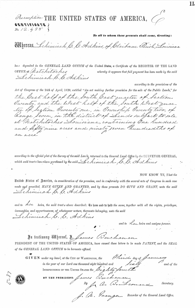 Government land record showing purchases by Piety P. Sansing-Adkins and Lemiah C.C. Adkins in Claiborne Parish, Louisiana.