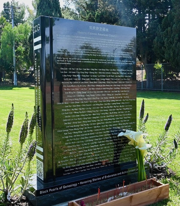 Chinese American Cemetery memorial donated by Black Pearls of Genealogy, unveiled May 26, 2025, honoring Chinese American heritage. Keyword-Rich Description Chinese American Cemetery memorial unveiling May 26, 2025, Black Pearls of Genealogy donation, Chinese American ancestors, Asian American heritage preservation, historic cemetery monuments, honoring Chinese American history, cultural remembrance ceremony, Chinese American burial ground history, community memorial projects, genealogy and heritage preservation, BPOG donated memorial, Asian American genealogy research.